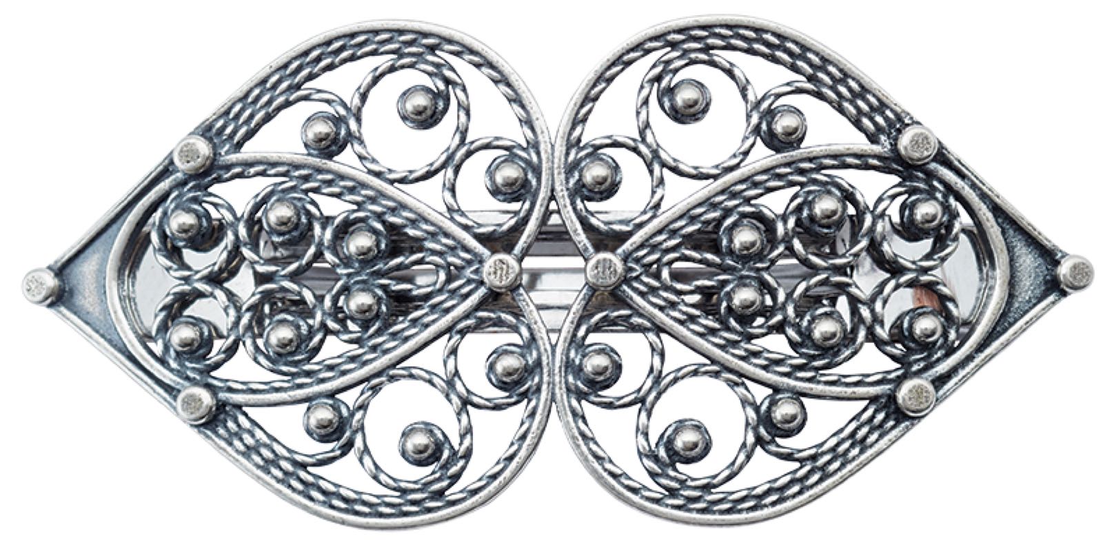 Hårspenne stort hjartefiligran, oksidert