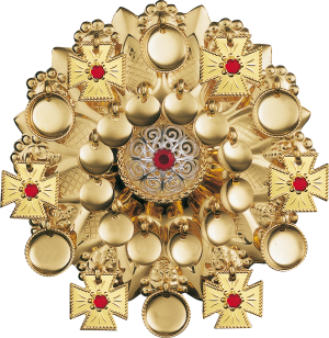 Sølje med raud stein, forgylt SP