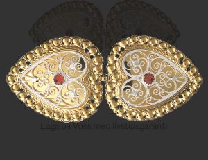 Beltespenne med raud stein og syhol, forgylt/kvit