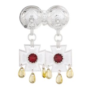 Halsknapp, kvit/gylt m/raude steinar