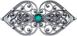 Hårspenne hjartefiligran med grøn stein, oksidert