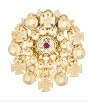 Sølje, forgylt m/raud stein