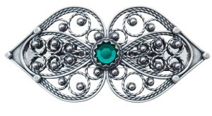 Hårspenne hjartefiligran med grøn stein, stort, oksidert