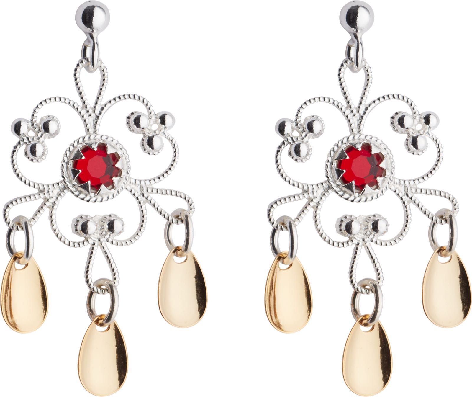 Øyrepynt med raud stein, kvit/forgylt