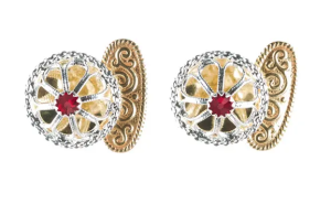 Mansjettknappar, kvit/gylt, m/raud stein